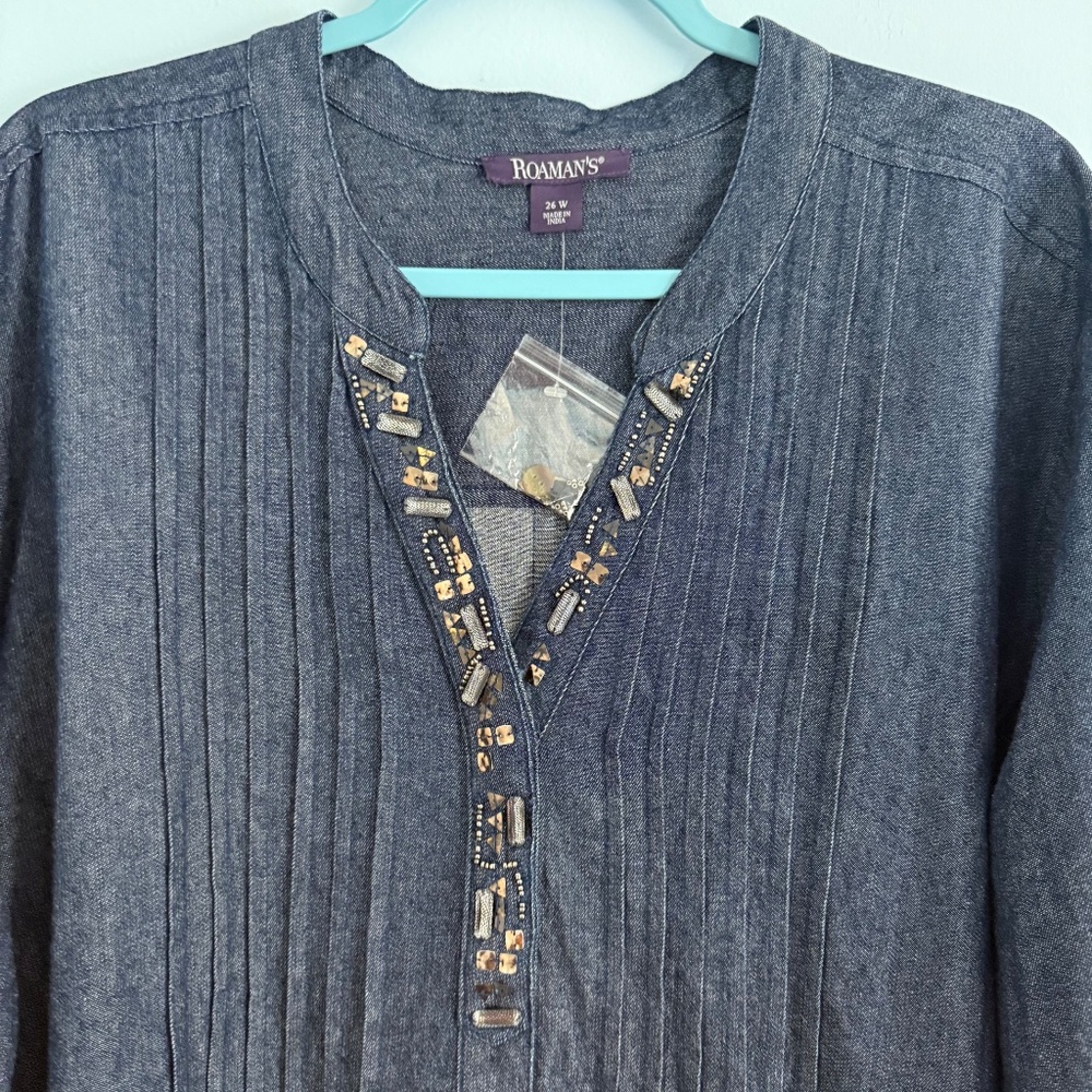 ROAMAN'S® Women’s Plus Long Sleeve Denim Cotton Beaded Blouse Size 26 W - Picture 2 of 10